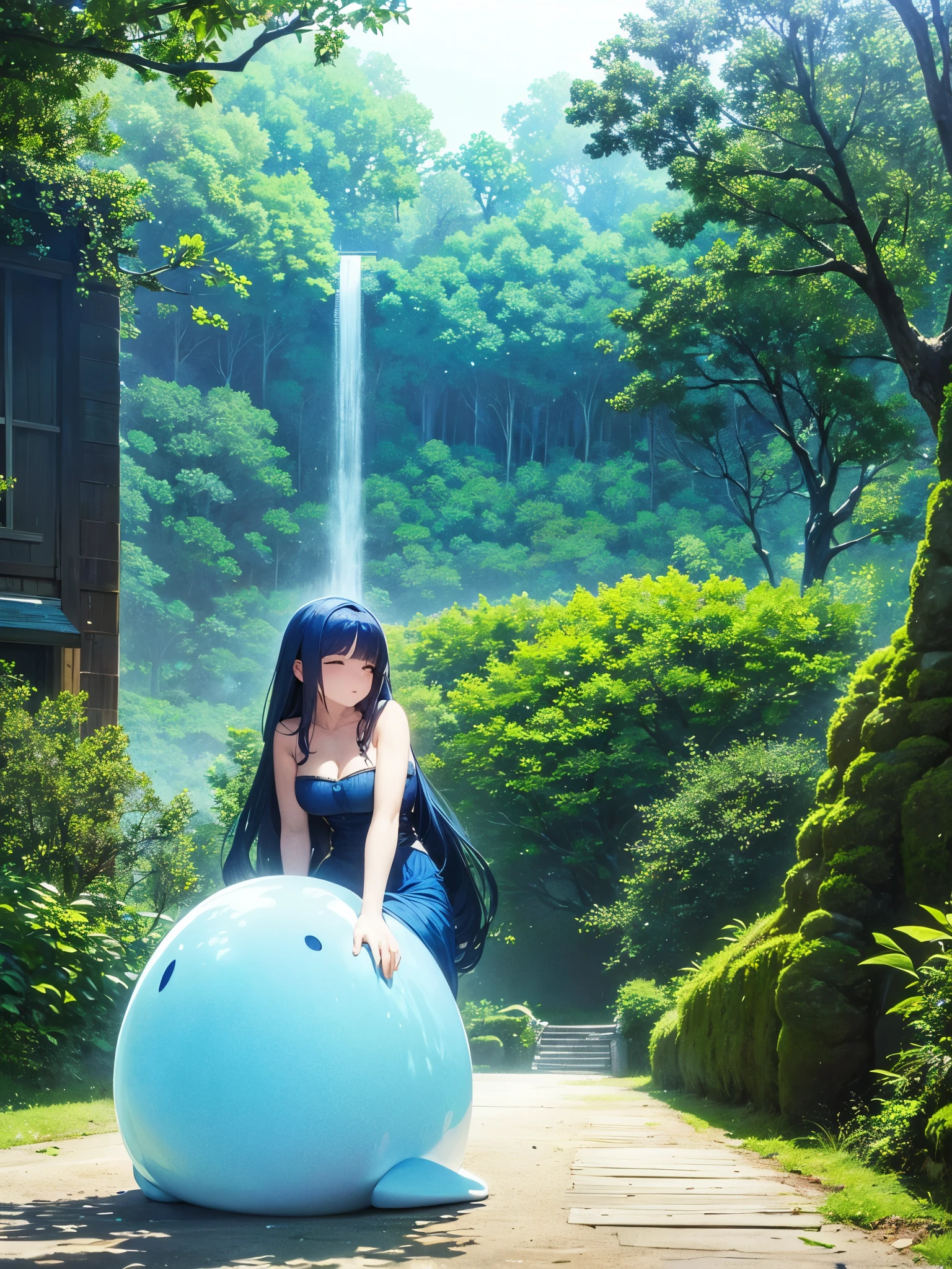Blue Chatou sleeps quietly, surrounded by forests and springs.A dark and lonely Blue Chatou, where you are waiting for me.
,An old castle built on the edge of a spring,A beautiful adult woman stands,Women's breasts are voluptuous