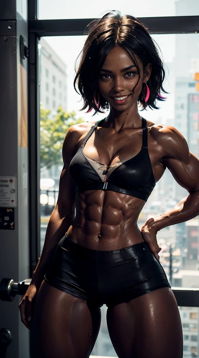 (Muscular:2), (thick muscular thighs:2.7), (wide hips:2.1), (black female:2), (dark skin:2.5), (wet, sweating:1.5), adult, earrings, eyeshadow, lipstick, bokeh, (freckles:0.9), (upper body view), (striations), (hard nipples:1.3), (small breasts:2), (colorful gym attire, tight booty shorts:1.5), (cleavage:2), (sculped muscles:1.7), detailed eyes, relaxed pose, (athletic body:1.5), (muscular body:2), (looking at viewer), (laughing:1.2), dark bedroom, (round ass), (dawn lighting), rim lighting, two tone lighting, dimly lit, clean skin, low key (DETAILED SKIN)