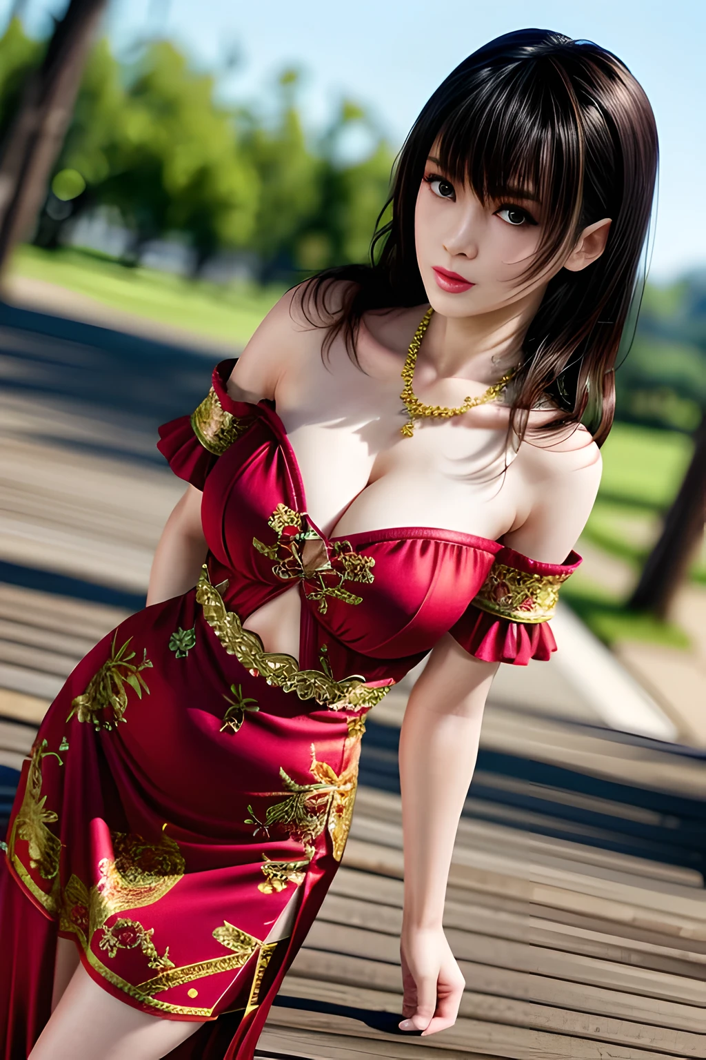1 girl,seven waves,wearing red clothes,long skirt, Su embroidery style:Chinese bridal dress, Wedding scene,jewelry,grace,(((red lips))), Lips slightly open, clavicle,(huge breasts),((8k, original photo, top quality, masterpiece), HD RAW color photos professional close-up photos, (actual, photorealism: 1.37), (best quality),8k,soft sunshine, Fabric luster,alone,