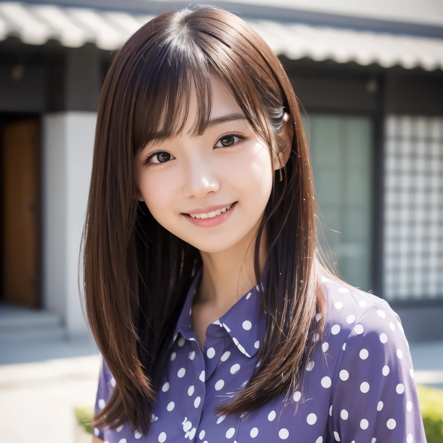 there is a woman with long hair wearing a polka dot shirt, 奈良美智, sakimichan, with small nose, chiho, with accurate face, cute natural anime face, japanese facial features, clear cute face, kawaii realistic portrait, asian face, 8k selfie photograph, soft makeup,smile, Laughing with open mouth