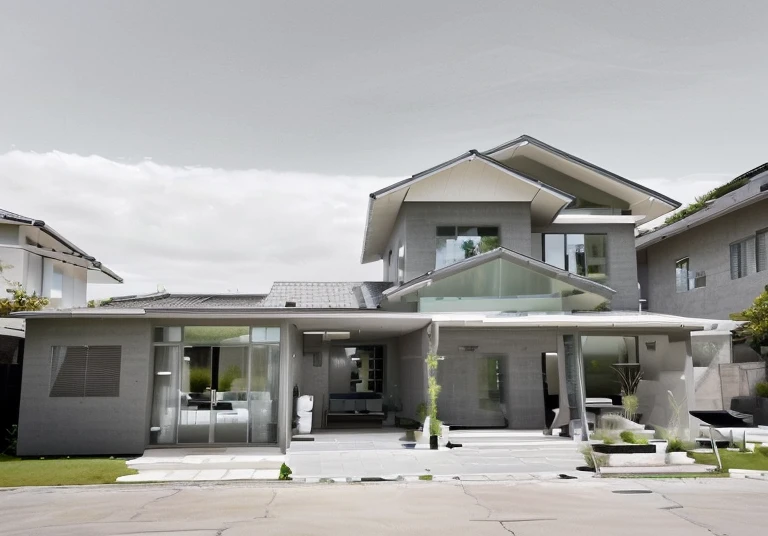 color photo of a modern and minimalist grey-colored Midcentury home. The house exudes an elegant and sophisticated vibe with its sleek lines, clean design, and neutral color palette. The exterior of the home is painted in a beautiful shade of grey, which perfectly complements the surrounding landscape. Large windows allow an abundance of natural light to flood the interior, creating a bright and airy atmosphere. The architectural details, such as the flat roof, angular shapes, and minimalistic landscaping, add to the overall contemporary aesthetic of the house. This grey Midcentury home stands as a timeless masterpiece, blending seamlessly with its surroundings.