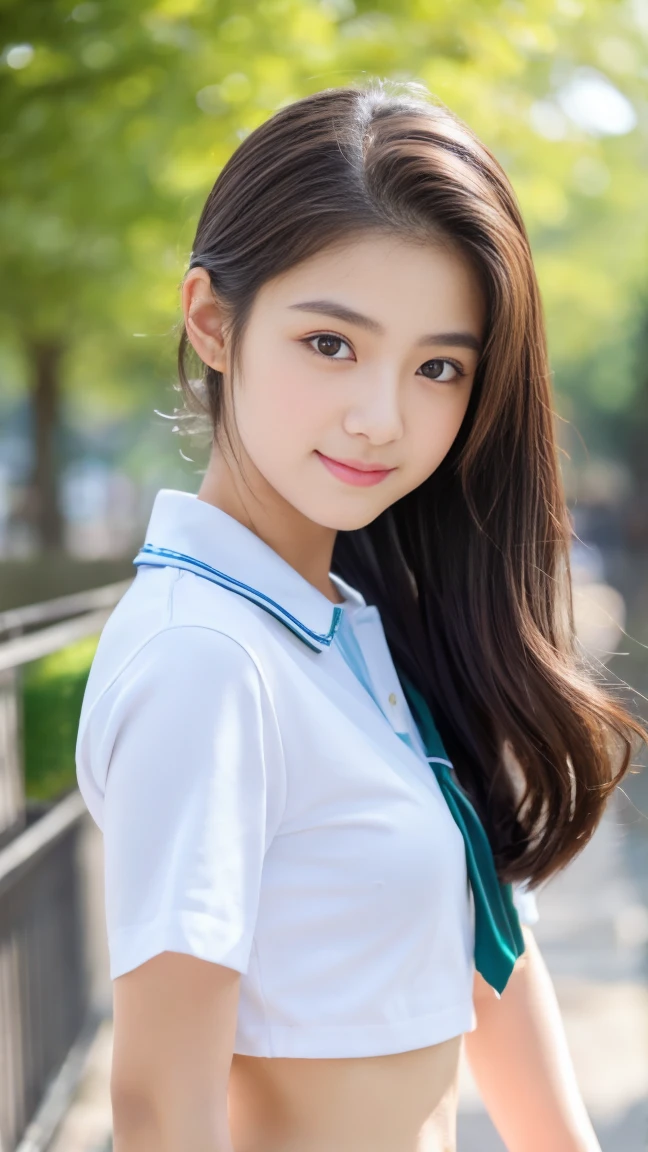 ((highest quality、8K))、1 Beautiful Japan Girl A beautiful woman with slender abs:1.3、Big eyes、Gentle mouth、pure white skin、slim、ponytail、high school studentの女の子、Neat , people, (slim, small, flat, small), short black hair, high school student、baby face、highly detailed face、narrow eyes、double eyelid、Full body shot、Beautiful feet