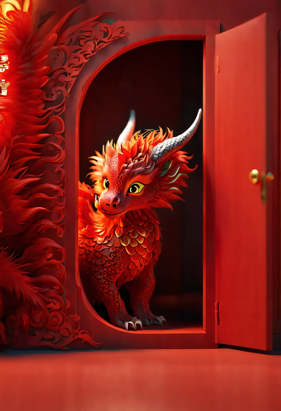 3d rendering, realistic fur, red wallpaper, Simple modern style, beautiful wallpaper. A naughty red-orange zodiac dragon baby peeks out from behind the door, Make dynamic hidden actions. Beijing, 🦑 design