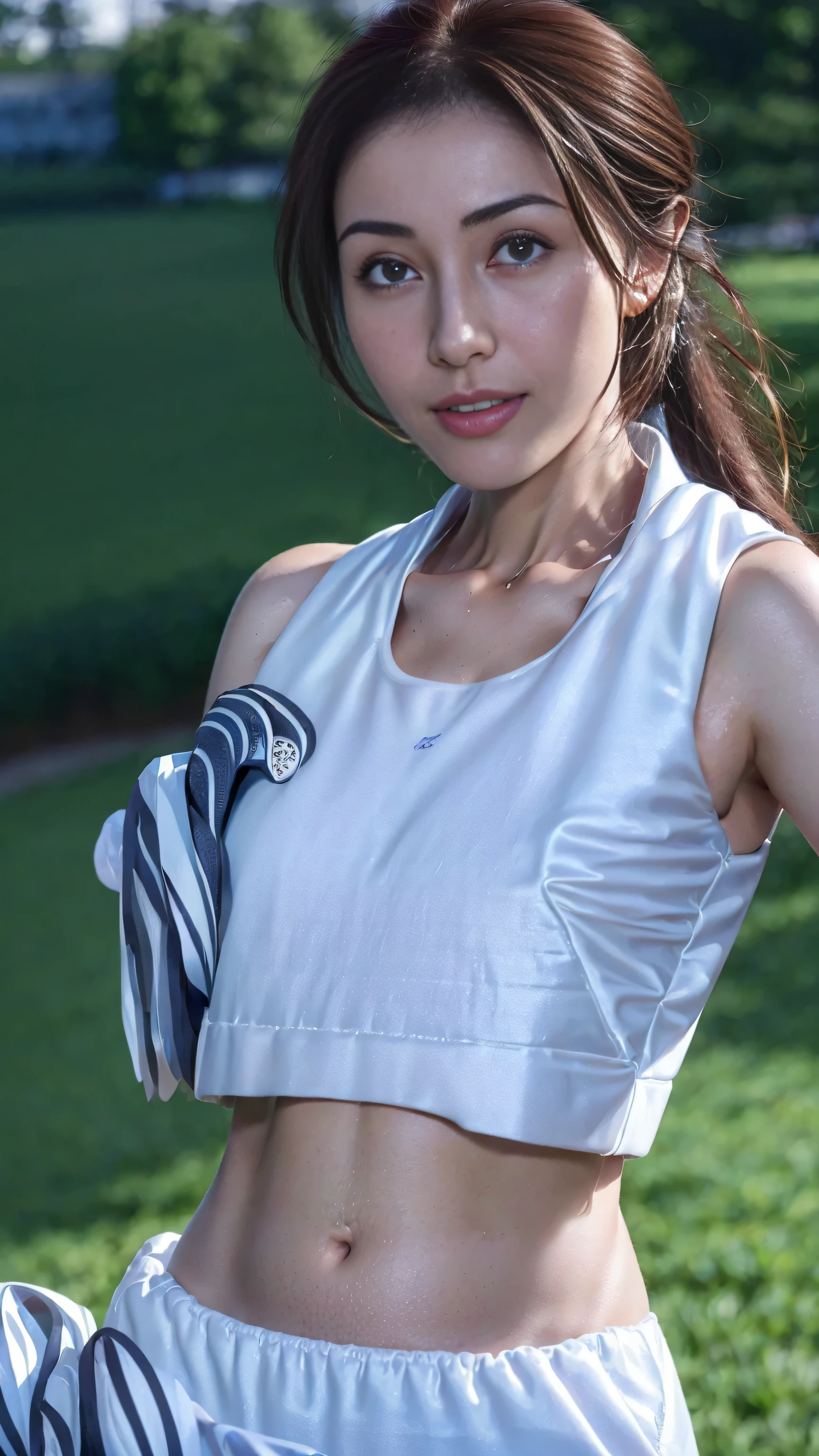 (wearing tennis outfit_Navel Ejection:1.0),1 Japan Woman, A MILF, 45 yers old,Wrinkles at the corners of the eyes,Glamour、huge tit、 ((OL_:1.0)),((lare breasts:0.8)),((standing nipple:1.2)),((areolae slip:1.2)),A little ugly face,Beautie,Seductive smile、naughty expression、Heavy breathing,Full body shot, masutepiece, Best Quality, (Photorealistic:1.4), a photography of a beautiful woman, 3 point perspective, Smiling, Perfect face, Detailed face,(Outdoor photography_Tennis Field:1.2),(lora:Wet T-Shirt :1.0)、(Wet and see-through:1.0),wetted skin、Wet whole body,lora:Rain_enhance-LECO:0.6)