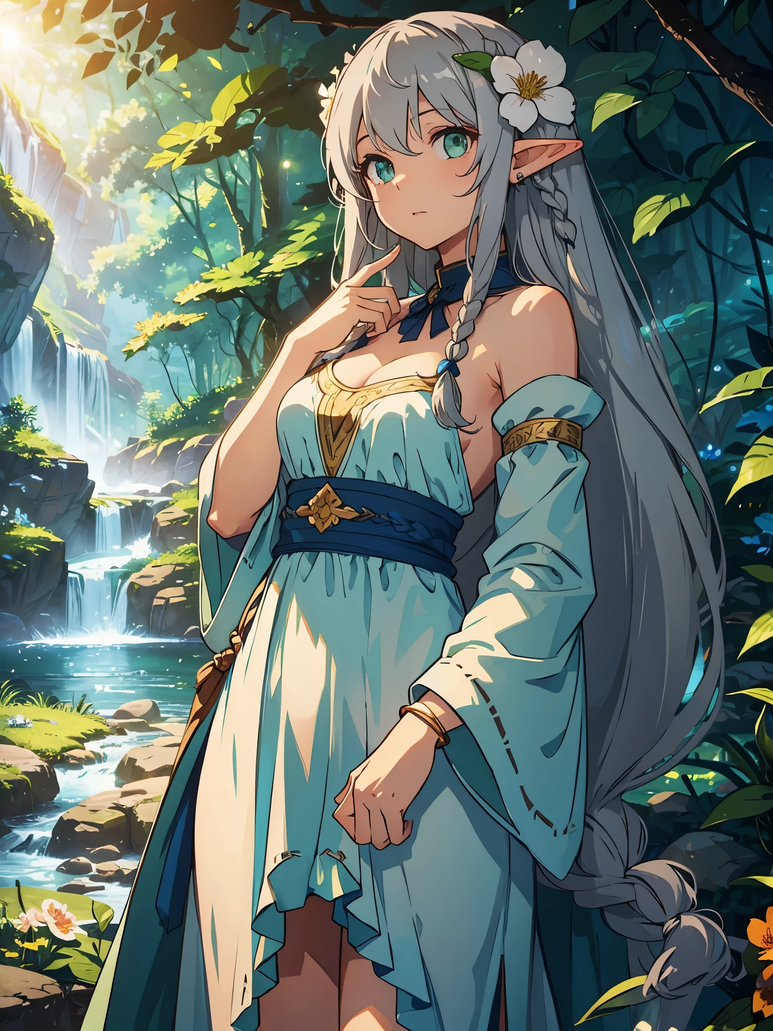 1 sweet girl、cowboy shot、Great King Luckadevata、side braids、long hair、((gray hair)) Leaf hair ornament、pointed ears、elf、green eyes、bare shoulders、gem、white long dress、Removable sleeves、bracelet、see the beholder、Upper body、outdoor、in the forest、wood々、(stream)、Light of the sun、(fantasy)、((flower:1.3))