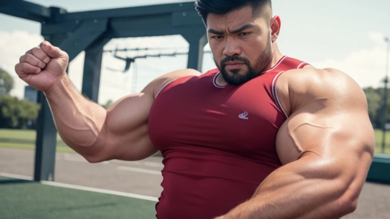 A man wearing a red sleeveless shirt
