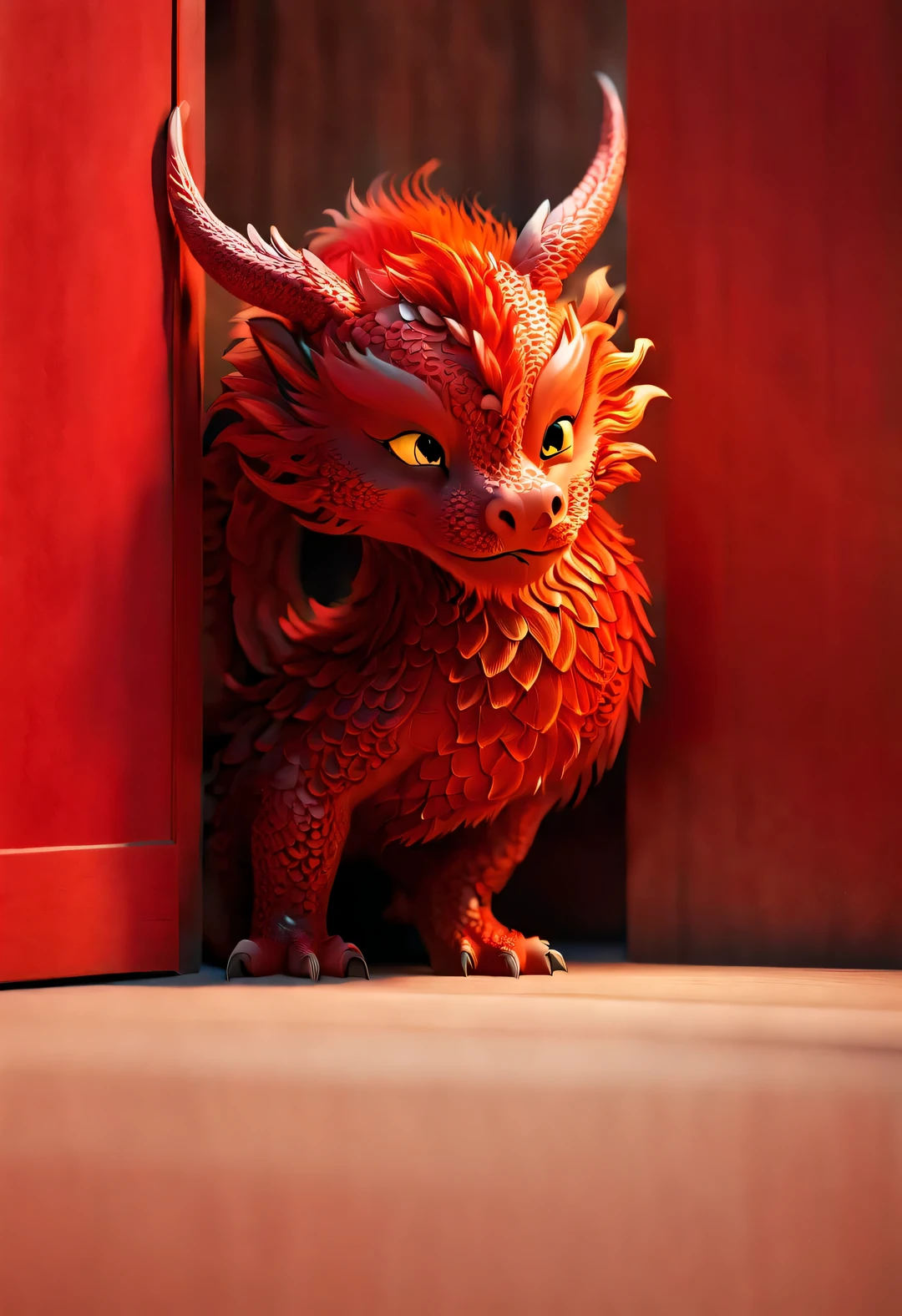 3d rendering, realistic fur, red wallpaper, Simple modern style, beautiful wallpaper. A naughty red-orange zodiac dragon baby peeks out from behind the door, Make dynamic hidden actions. Beijing, 🦑 design