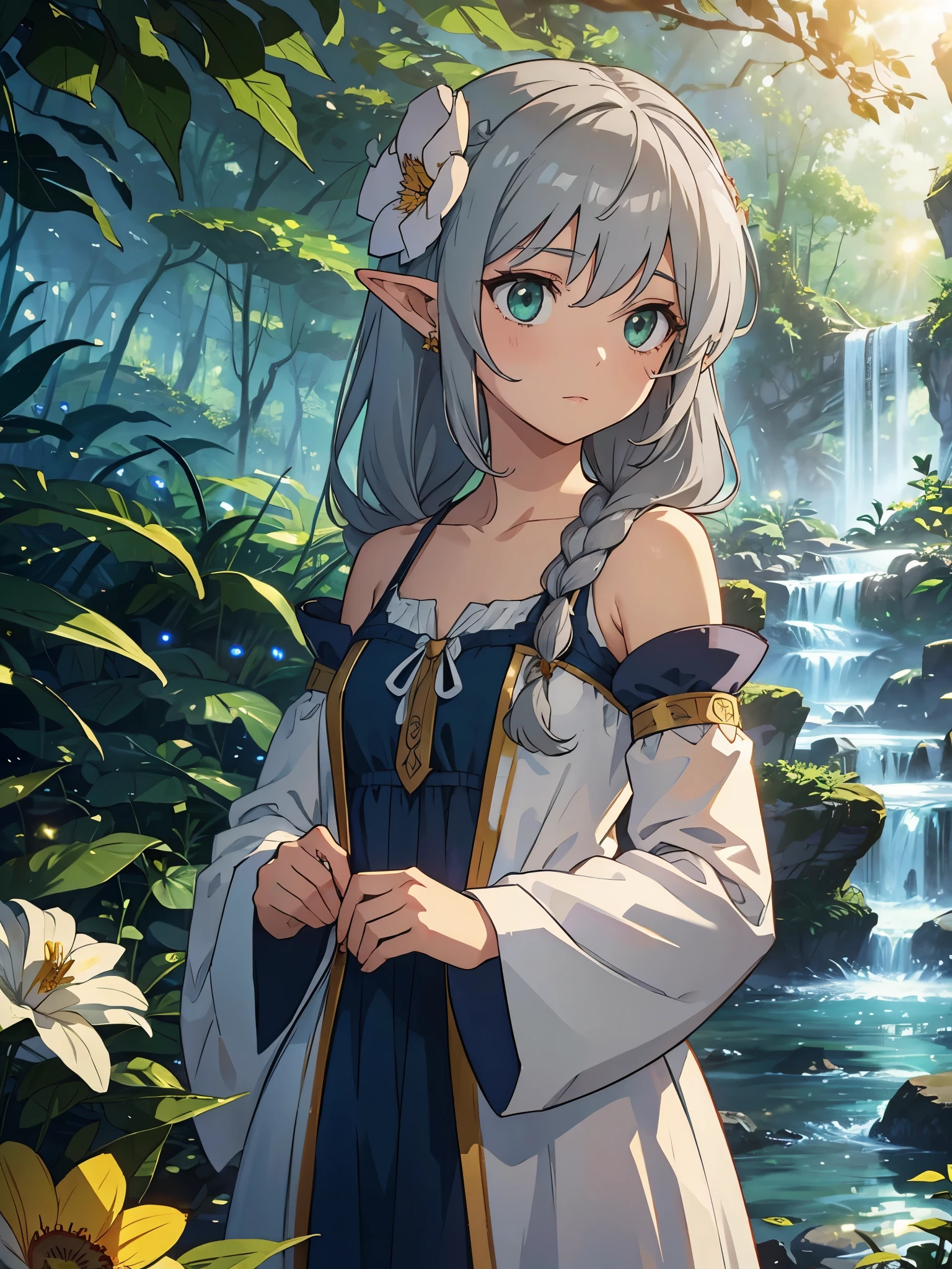 1 sweet girl、cowboy shot、Great King Luckadevata、side braids、long hair、((gray hair)) Leaf hair ornament、pointed ears、elf、green eyes、bare shoulders、gem、white long dress、Removable sleeves、bracelet、see the beholder、Upper body、outdoor、in the forest、wood々、(stream)、Light of the sun、(fantasy)、((flower:1.3))