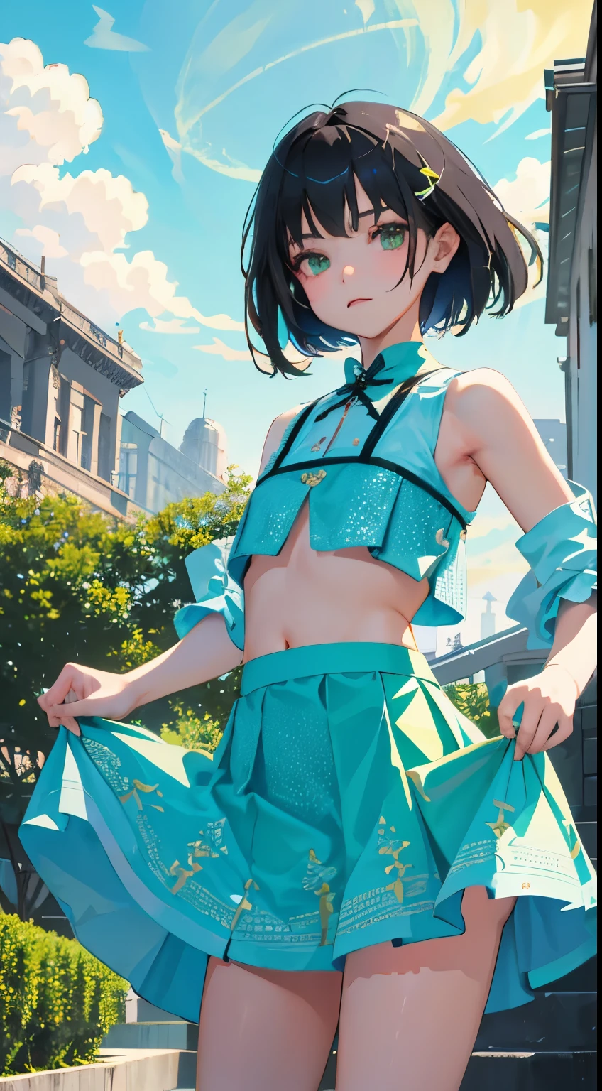 (short cute girl,small young student,young delicate girl),(masterpiece,Top quality)、Crop Top Look,patterned light green skirt,skirt lift,Pinching skirts,long black hair,garden