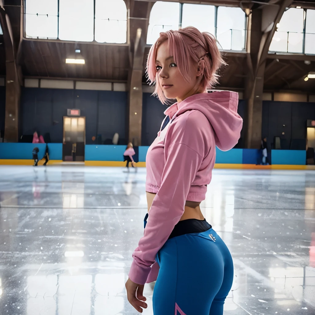 19-years old woman, short blonde-pink hair, sexy joga pants, blue hoodie, ice skating, happy, distance, side view
