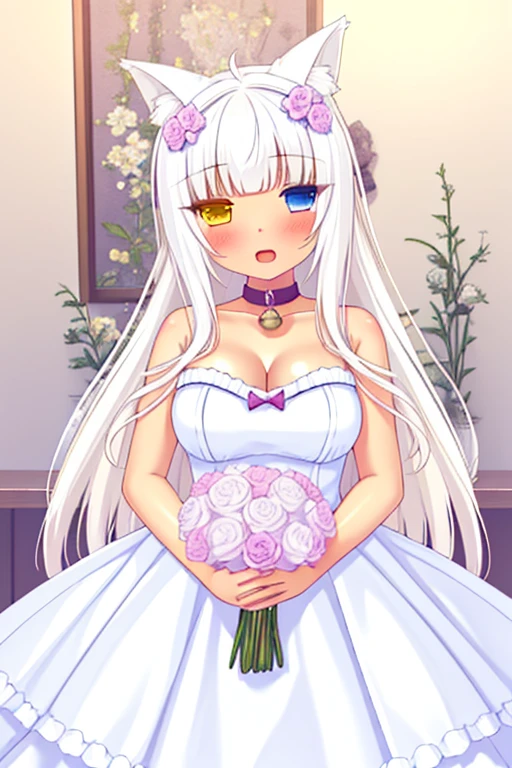 1girl, animal ears, solo, long hair, flower, dress, cat ears, bell, open mouth, looking at viewer, white dress,long white hair, heterochromia, yellow eye, blue eye, animal ear fluff, holding, cat girl, bangs, holding bouquet, blush, rose, indoors, neck bell, white hair, breasts, ribbon, collar, breasts, bow, wedding dress, sleeveless dress, hair ribbon, blunt bangs, bare shoulders, purple bow, red flower,hand_flower, Coconut, Coconut from Nekopara