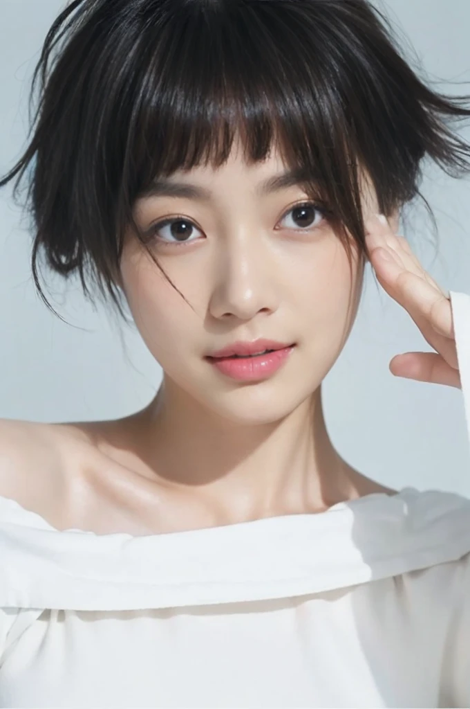 ((​Masterpiece, Top image quality, high resolution、alone、shiny skin))(on the table, best quality, actual, super detailed, meticulous, high resolution, 8k wallpaper), Close-up portrait of a beautiful woman, Chariada, smiling, light brown messy hair, Perfect dynamic composition, 美丽meticulous的眼睛, Just like the cover of a fashion magazine, on campus