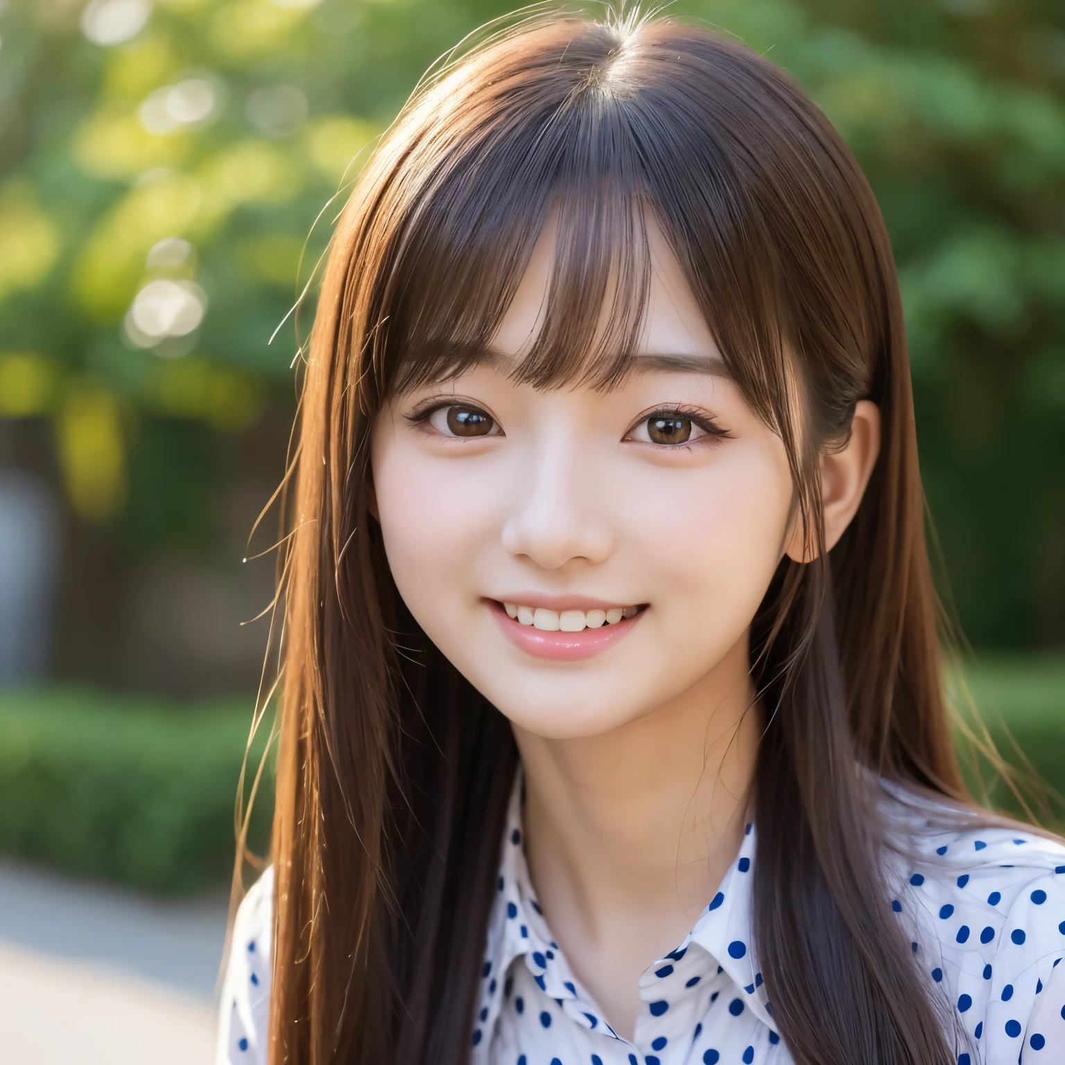 there is a woman with long hair wearing a polka dot shirt, 奈良美智, sakimichan, with small nose, chiho, with accurate face, cute natural anime face, japanese facial features, clear cute face, kawaii realistic portrait, asian face, 8k selfie photograph, soft makeup,smile, Laughing with open mouth