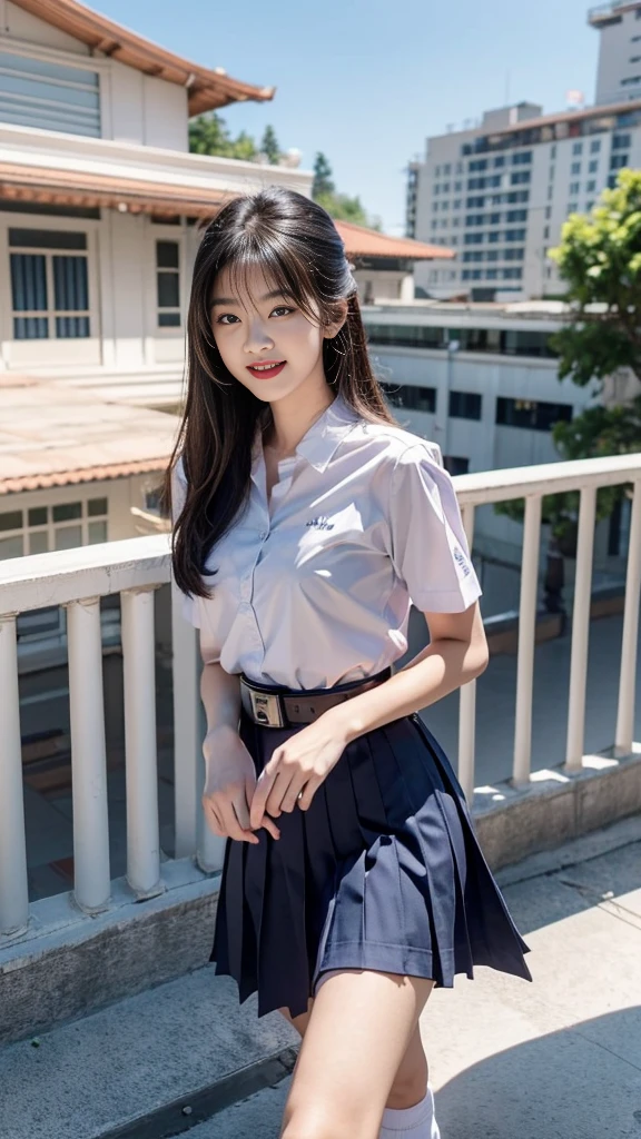 highest resolution, 8K, high definition, (((long hair))), (( thai student, half-caste, Thai-Japanese-Korean, Age 18-25 years, Height 173 centimeters)), (((stand, walk))) , (((Beautiful face, แต่งBeautiful face, Double eyelids, red lips, Smile at the corners of your mouth., Beautiful eyes))), ((beautiful woman, Real figure)), ((short sleeve, Thin white shirt, collar shirt)), ((Name embroidered in blue letters on the right chest of the shirt., have a name "Pornpitak" Rungruangpiwatsakul")), ((สัญลักษณ์โลโก้schoolที่อกซ้าย)), ((Dark blue long pleated skirt., Cover the whole leg)), ((Navy blue skirt, มีbeltผู้หญิง)), ((Big breasts, Breast augmentation)), ((Symmetrical figure, Sexy Body)), ((thin, small waist)), ((black elementary school shoes, Short white socks)), ((Wear a watch, belt, famous brand bags)), (((Full body, look at every part of the body))), ((background, balcony, building, school, building))