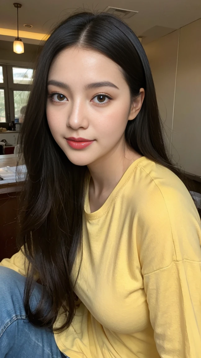 Best quality, 16K, masterpiece 1:2. A beautiful girl with yellow Tshirt, jeans (Alluring figure), black hair, brown eyes, Her eyes shine, interact with the light, and reflect joy in her gaze., high nose, luscious red lips, and a captivating smile. many boxes and packet in the ground. She is in the Post office. Upper body, masterpiece, superlative, (realism: 1.7), high resolution, long hair, round face, packages, boxes, hanstyle, hanfu