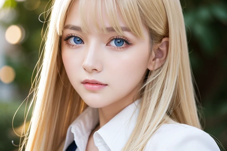 very beautiful face、Ridiculously super long silky bright beautiful blonde hair、super long super long straight silky hair、long bangs、14 year old cute sexy 、Very beautiful bright sky blue big eyes、very big eyes、目とblonde between the eyes、blonde hair above one eye、blonde between the eyes、very big eyes、rich bust、white skin、Shiny skin、gross face、cheek gloss highlight、eyeliner、small face beauty、round face