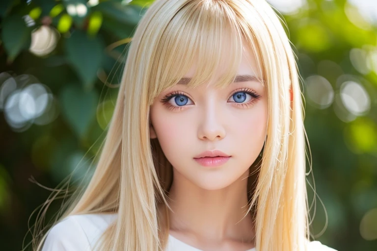 very beautiful face、Ridiculously super long silky bright beautiful blonde hair、super long super long straight silky hair、long bangs、14 year old cute sexy 、Very beautiful bright sky blue big eyes、very big eyes、目とblonde between the eyes、blonde hair above one eye、blonde between the eyes、very big eyes、rich bust、white skin、Shiny skin、gross face、cheek gloss highlight、eyeliner、small face beauty、round face