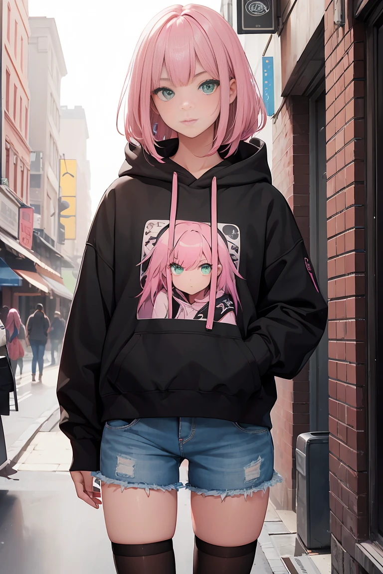 ((1 girl)), latest trend clothes, Street fashion,Larger hoodie,Denim Shorts,black tights,relaxed pose,cowboy shot,((Super detailed,highest quality, High resolution, 8k wallpaper, beautiful clothes,)),((pink hair, shortcut,straight hair)) (green eyes),eye shadow, eyeliner,Glow eye, highly detailed eyes, complicated eyes, beautiful eyes, 18 year old girl.