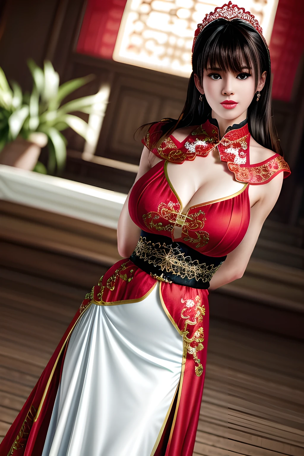 1 girl,seven waves,wearing red clothes,long skirt, Su embroidery style:Chinese bridal dress, Wedding scene,jewelry,grace,(((red lips))), Lips slightly open,  clavicle,(huge breasts),((8k, original photo, top quality, masterpiece), HD RAW color photos professional close-up photos, (actual, photorealism: 1.37), (best quality),8k,soft sunshine, Fabric luster,alone,