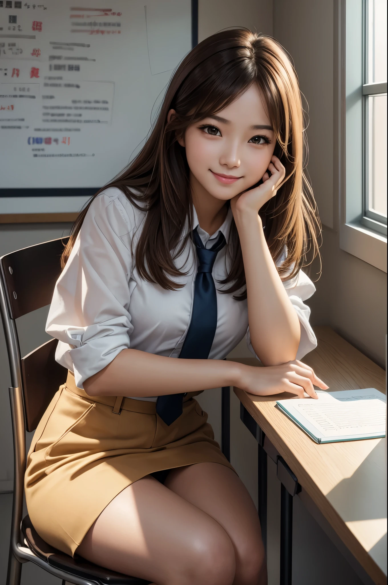 8K,女子高born,学born服,light brown hair,Scene during class,Photorealistic RAW photos of the highest quality。Super beautiful(lifelike face) Bright colors、perfect woman image,Trending at Art Station、masterpiece、8K resolution、character art,Super high resolution,,Mr.々pose,Charm,sexy,rich colors, Backlight, cinematic lighting, film grain, born, 50mm lens, Nikon D850,fancy makeup,smile,machine,Chair,cross your legs,super realistic skin,classroom,School,学born,gal,notebook,Close-up,