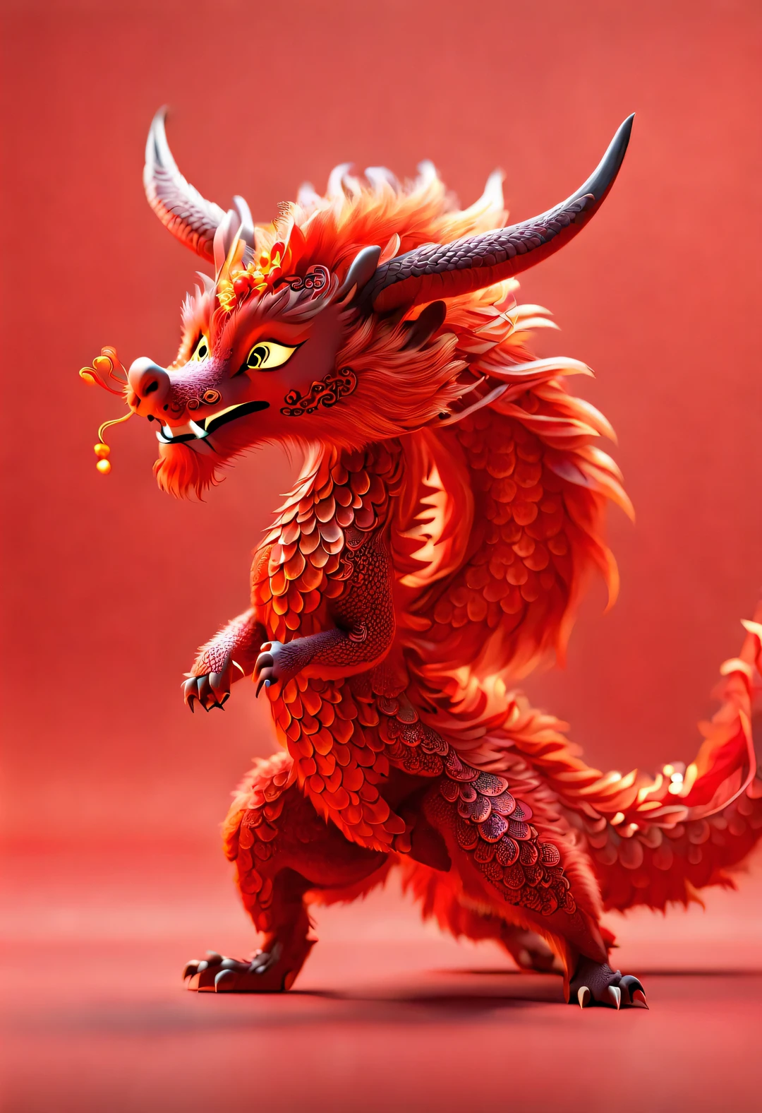 3d rendering, realistic fur, red wallpaper, Simple modern style, beautiful wallpaper, Naughty red and orange zodiac dragon baby dancing mischievously, Beijing, China, 🦑 design,