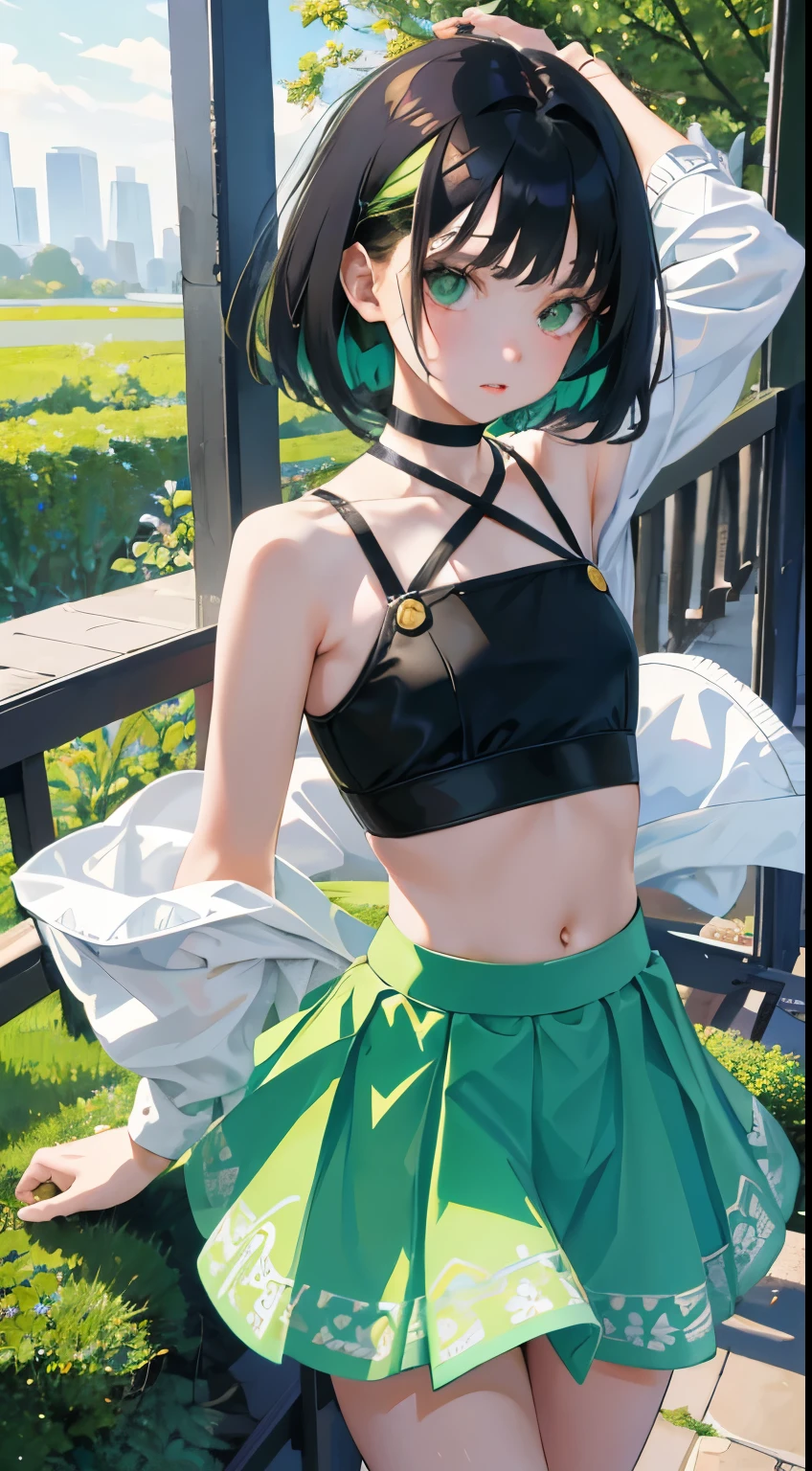 Mulher de 24 anos, top de malha 10 cm, blusa sem mangas, strapless and braless, peito pequeno. fitted mini skirt 10 cm bordô, the image of the woman goes from head to thigh, levantando-se e voltando para o visualizador, encostado no musgo verde da parede, corpo ligeiramente ereto, hands in hair