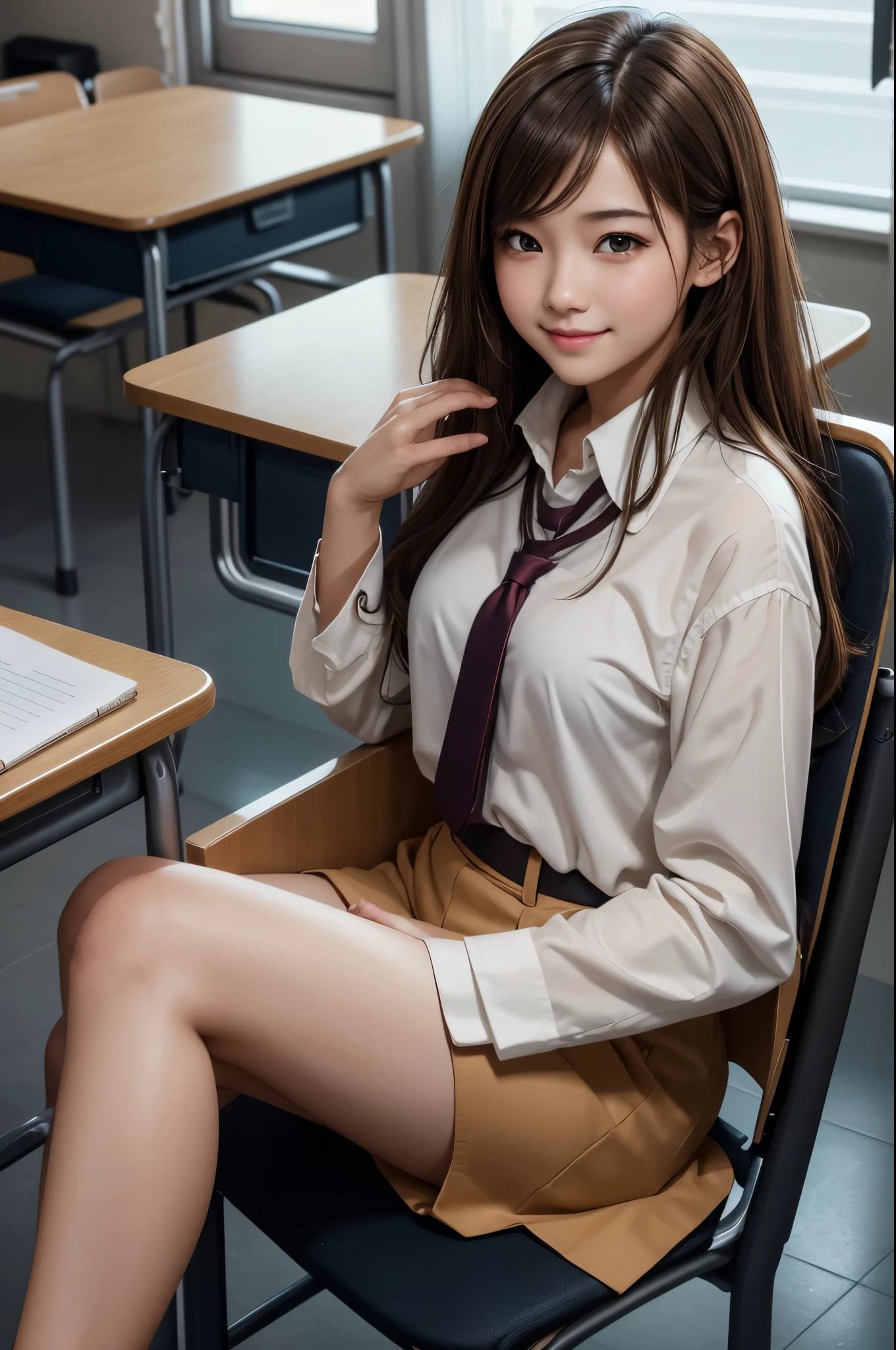 8K,女子高born,学born服,light brown hair,Scene during class,Photorealistic RAW photos of the highest quality。Super beautiful(lifelike face) Bright colors、perfect woman image,Trending at Art Station、masterpiece、8K resolution、character art,Super high resolution,,Mr.々pose,Charm,sexy,rich colors, Backlight, cinematic lighting, film grain, born, 50mm lens, Nikon D850,fancy makeup,smile,machine,Chair,cross your legs,super realistic skin,classroom,School,学born,gal,notebook,Close-up,