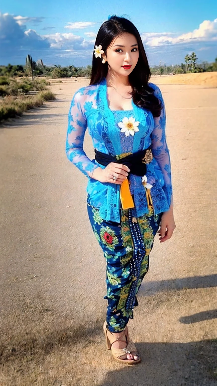 (8k, RAW photo, best quality, masterpiece:1.2),(Sharp Focus: 1.3),(Beautiful Woman with Perfect Figure: 1.4),woman, ((portrait of woman wearing ((blue_kebaya_bali)) in traditional black long kebaya)), red lipstick, gold necklace, earrings, decoration, detail, flowers, blurred background, soft focus,SFW:1.3),(Full Body:1.7),(cute face:1.3),(big breasts:1.5),(high heels:1.3),(big hips1.4), (big thighs:1.3),(covered breasts:1.3),(bust cleavage:1.1),(lipgloss:1.3),(Cute eyes:1.3),(Red lips:1.3),(Smooth skin texture:1.3),( Precise and perfect human anatomy: 1.3),(Beautiful and perfect facial features: 1.3), (Long eyelashes: 1.3),(Red lips: 1.3),(Shiny and textured lips: 1.3),(Smooth skin texture: 1.3),(earrings: 1.3),(Beautiful detailed eyes: 1.3),(Natural Color Lips: 1.3),(Beautiful face: 1.3),(look straight into the camera:1.3),((kebaya_bali,green_kebaya_bali,orange_kebaya_bali,blue_kebaya_bali,blue_kebaya_bali,black_kebaya_bali,white_kebaya_bali,yellow_kebaya_bali,white flower,black flower)),(Desert_sunset_background:1.4),(day light:1.3)
