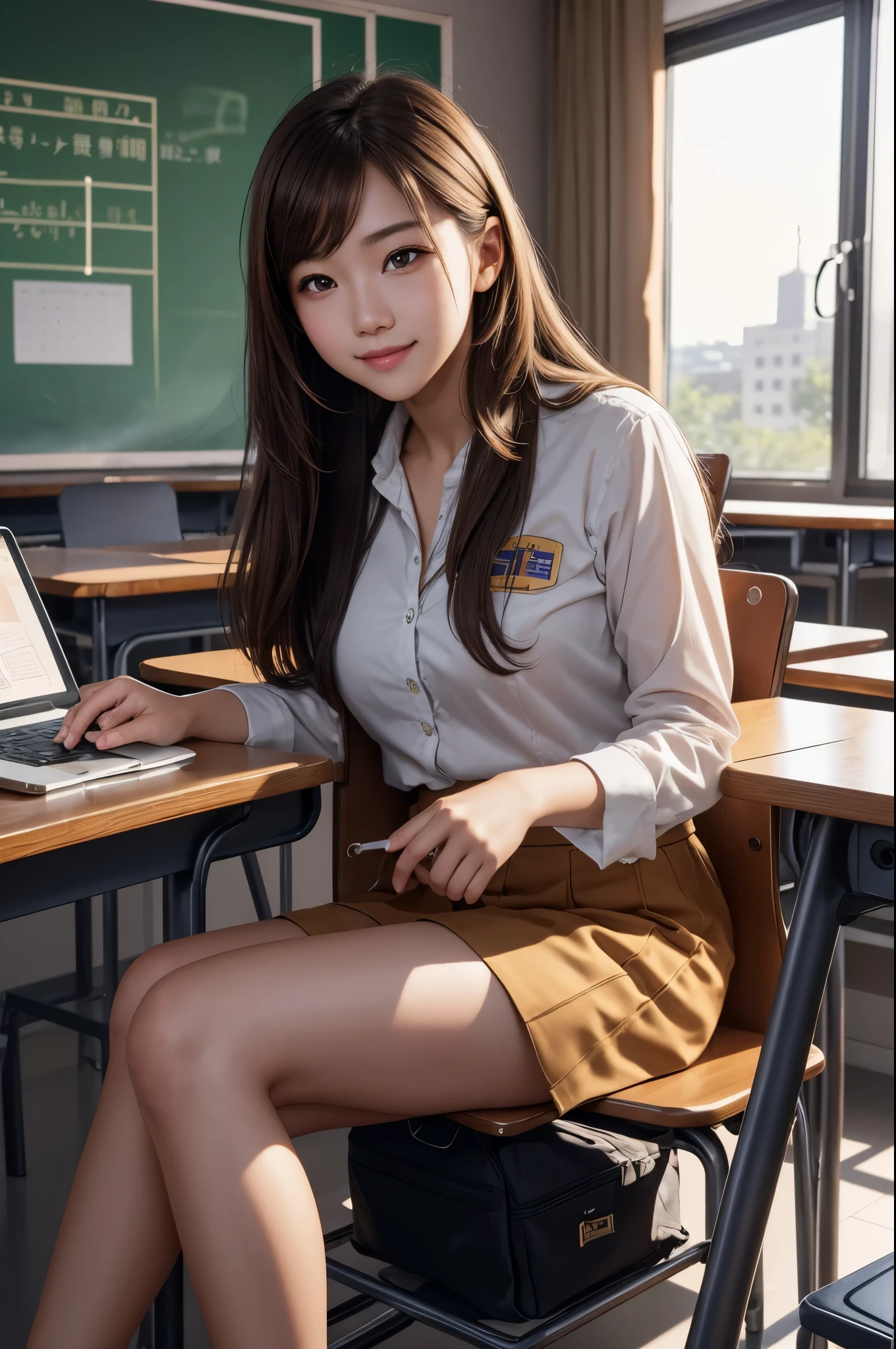 8K,女子高born,学born服,light brown hair,Scene during class,Photorealistic RAW photos of the highest quality。Super beautiful(lifelike face) Bright colors、perfect woman image,Trending at Art Station、masterpiece、8K resolution、character art,Super high resolution,,Mr.々pose,Charm,sexy,rich colors, Backlight, cinematic lighting, film grain, born, 50mm lens, Nikon D850,fancy makeup,smile,machine,Chair,cross your legs,super realistic skin,classroom,School,学born,gal,notebook,Close-up,