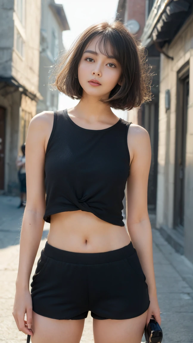 ((Best Quality, 8K, Masterpiece: 1.3)), , Focus: 1.2, Perfect Body Beauty: 1.4, Buttocks: 1.2, ((Layered Haircut: 1.2)), (Dark Street: 1.3), Highly Detailed Face and Skin Texture, Full Body, Fine Eyes, Double Eyelids, Whitened Skin, Long Curly Hair, (Round Face: 1.5), (Small Fragrance Premium Sense Shorts Set Style: 1.6). Smile Standing on yacht in the sea looking at the sea Wearing female sunglasses