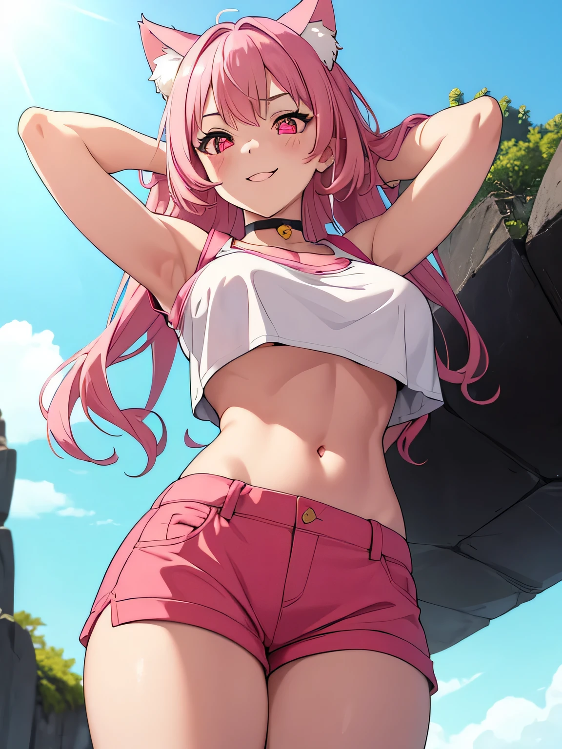 (masterpiece, highest quality:1.2), 1 girl, Cat ear, pink hair, glowing red eyes, big breasts, choker, timid, blush, Yellow shorts, purple crop top, from below, Ocean, smile, arm behind head