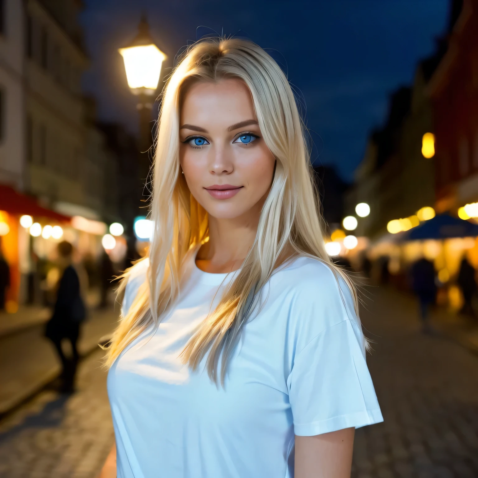RAW UHD portrait photo of a 24-year-old blonde (light blue eyed woman) Eine dunkle Gasse entlanggehen, big ,, city at Nacht, (White crew neck t-shirt skirt), (Ausschnitt), Einzelheiten (Texturen! , Haar! , funkeln, Farbe!! , Nachteile: 1.1), shiny eyes with a high level of detail (schaut in die Kamera), Spiegelreflexbeleuchtung, Spiegelreflexkamera, Ultra quality, Sharpness, depth of field, Filmkorn (Center), Fujifilm XT3, kristallklar, frame Center, pretty face, scharfer Fokus, street lamp, Neonbeleuchtung, Bokeh (schwach beleuchtet), Nacht, (Nacht sky), Detaillierte Hautporen, Oily skin, Sonnenbrand, complex eye Einzelheiten, Full body, big 