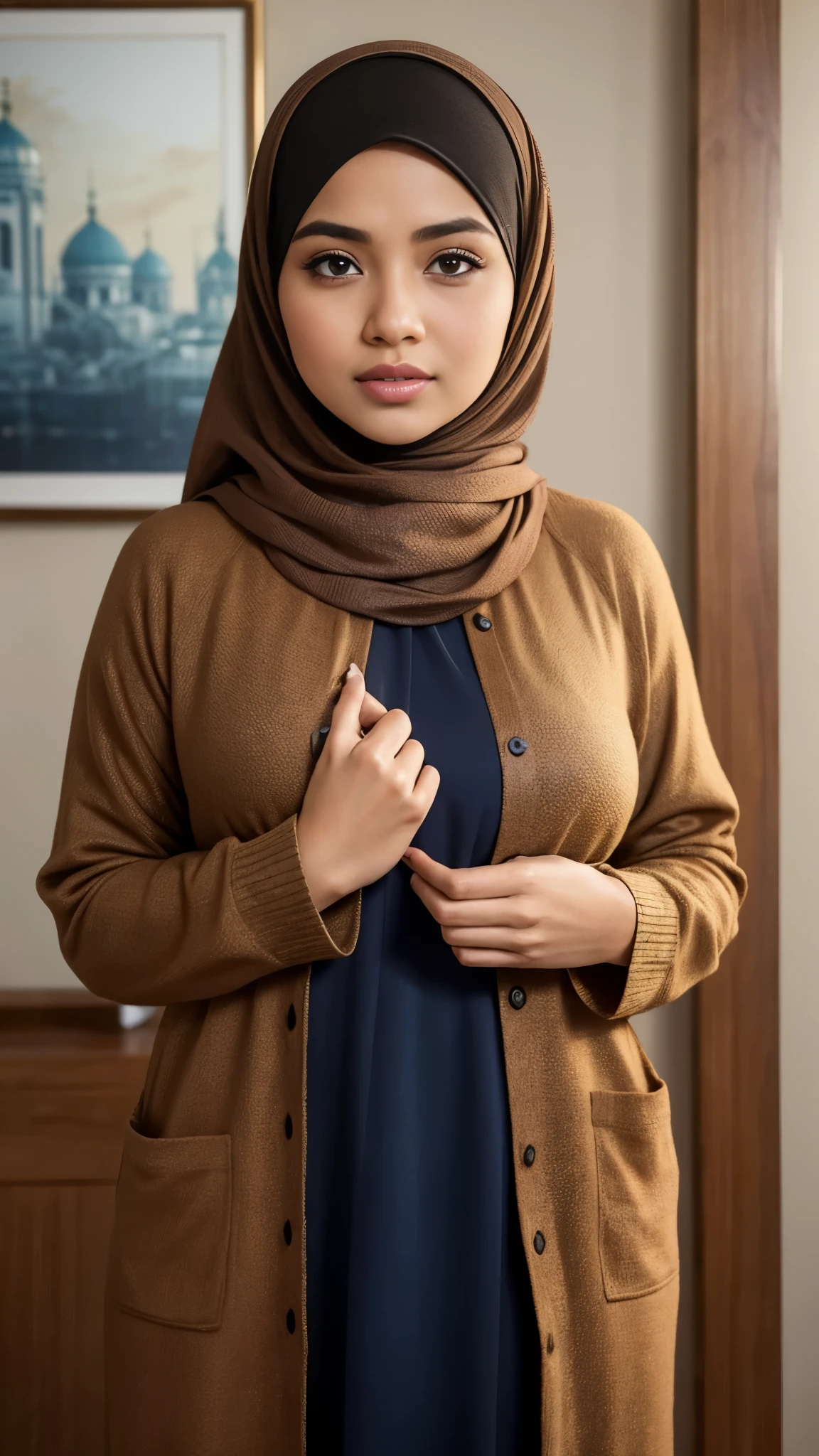 A beautiful woman wearing a hijab and Indonesian Muslim clothes, flat nose, slightly thick lips, slightly wide forehead, chubby cheeks, evening atmosphere, face illuminated by lights, drinking coffee, Standing in front of the door, a shocked expression on his face