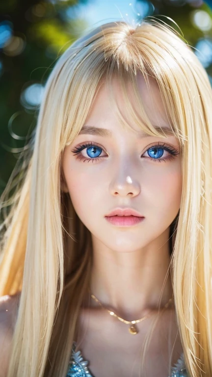 very beautiful face、Ridiculously super long silky bright beautiful blonde hair、super long super long straight silky hair、long bangs、14 year old cute sexy 、Very beautiful bright sky blue big eyes、very big eyes、目とblonde between the eyes、blonde hair above one eye、blonde between the eyes、very big eyes、rich bust、white skin、Shiny skin、gross face、cheek gloss highlight、eyeliner、small face beauty、round face
