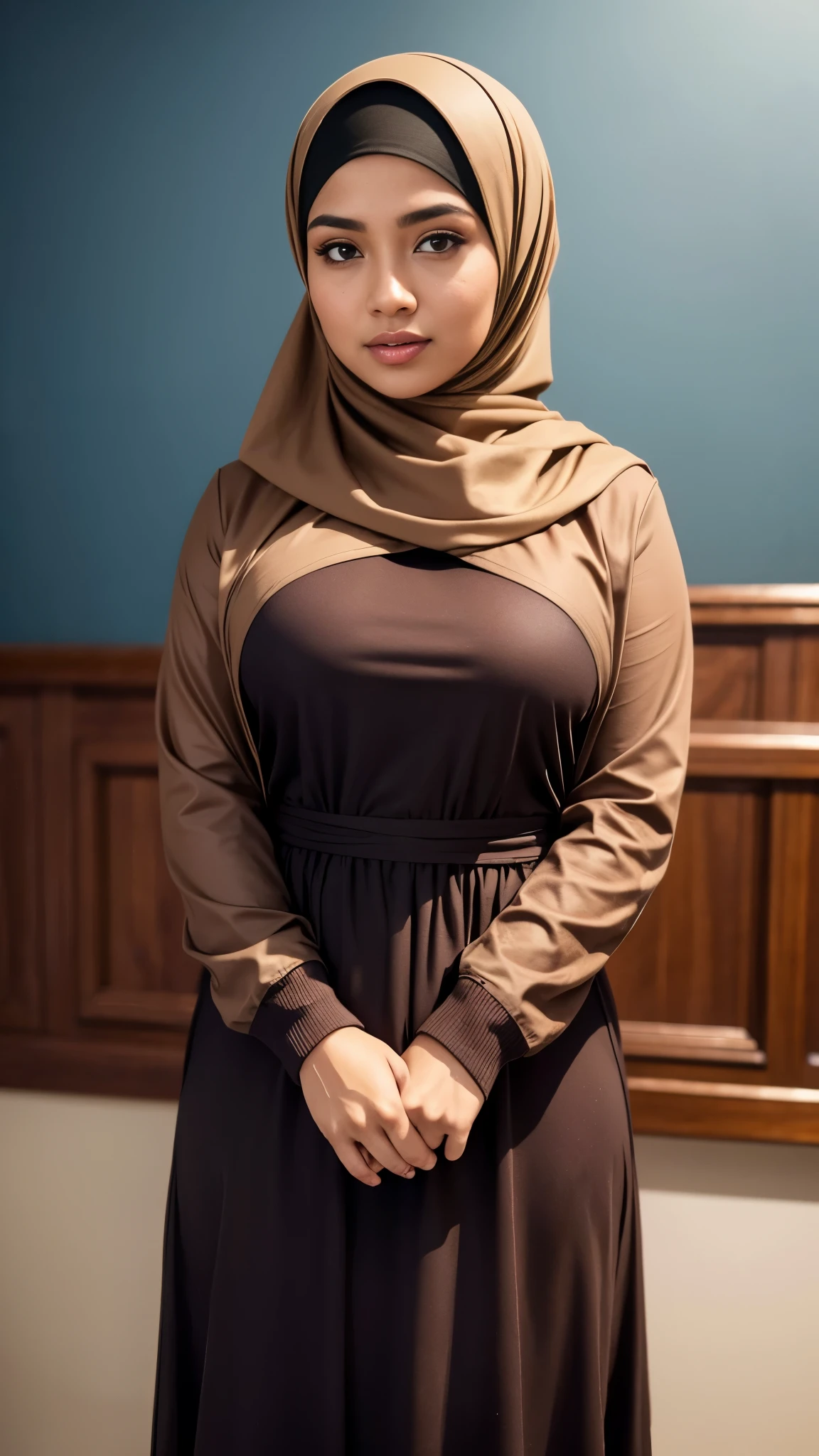 RAW, Best quality, high resolution, masterpiece: 1.3), beautiful Malay woman in hijab (iu:0.8)1beautiful  Malay woman in hijab wearing modern youth Muslim clothing,big breast, modern muslim fashion, flowing shawl, portrait photography, mid shot photo, ultra detail, professional photo with professional lighting, smile, random background, sexy seductive pose, curvy ,