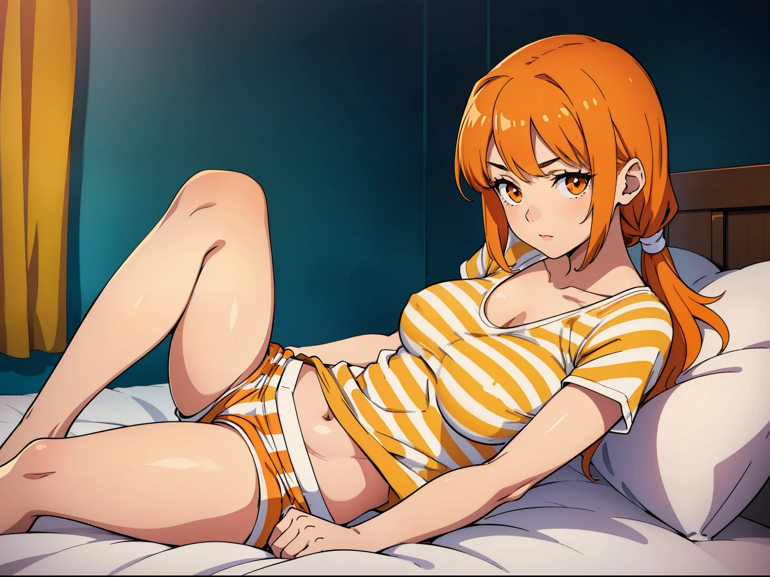 Edward,midriff,orange hair,collarbone,tan skin, naked, (((lying on stomach))) (((showing her butt))) on bed, bedroom background, blush stickers, brown eyes, smiling, medium breasts, (insanely detailed, beautiful detailed face, masterpiece, best quality), ((18 years old))