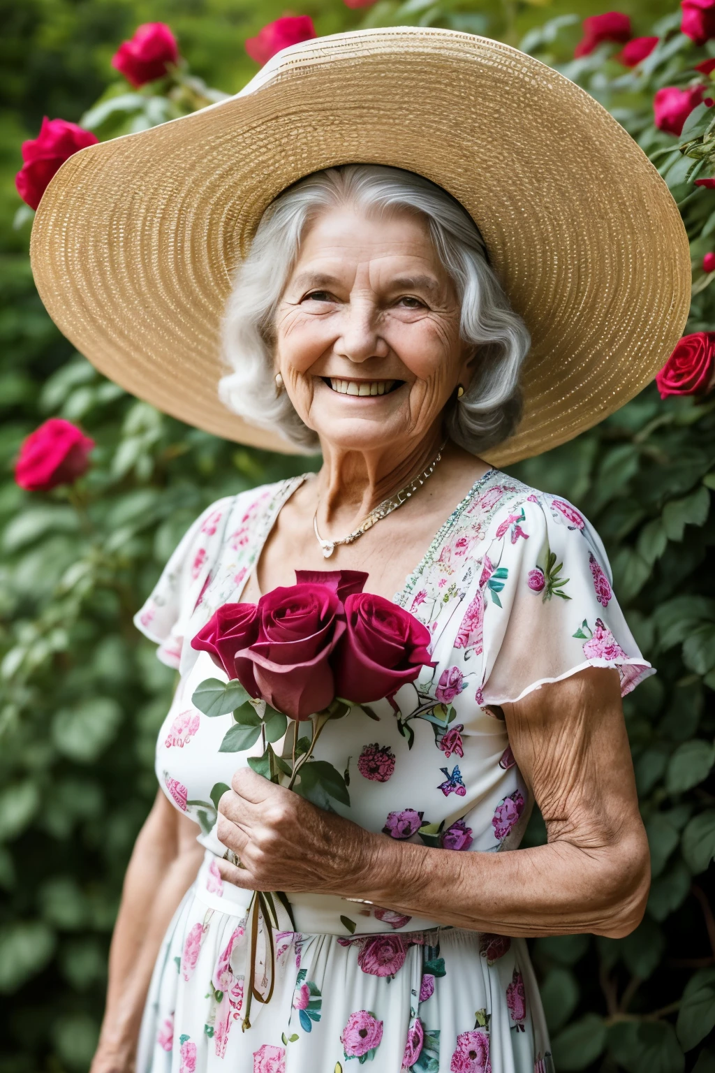 Masterpiece, a beautiful elderly woman, smiling, looking at the camera, standing in front of roses, wearing a hippie dress and a summer hat, casual pose, add an expression on her face to match the theme