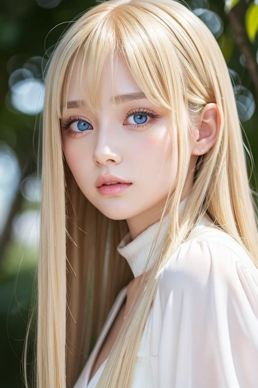 very beautiful face、Ridiculously super long silky bright beautiful blonde hair、super long super long straight silky hair、long bangs、14 year old cute sexy 、Very beautiful bright sky blue big eyes、very big eyes、目とblonde between the eyes、blonde hair above one eye、blonde between the eyes、very big eyes、rich bust、white skin、Shiny skin、gross face、cheek gloss highlight、eyeliner、small face beauty、round face