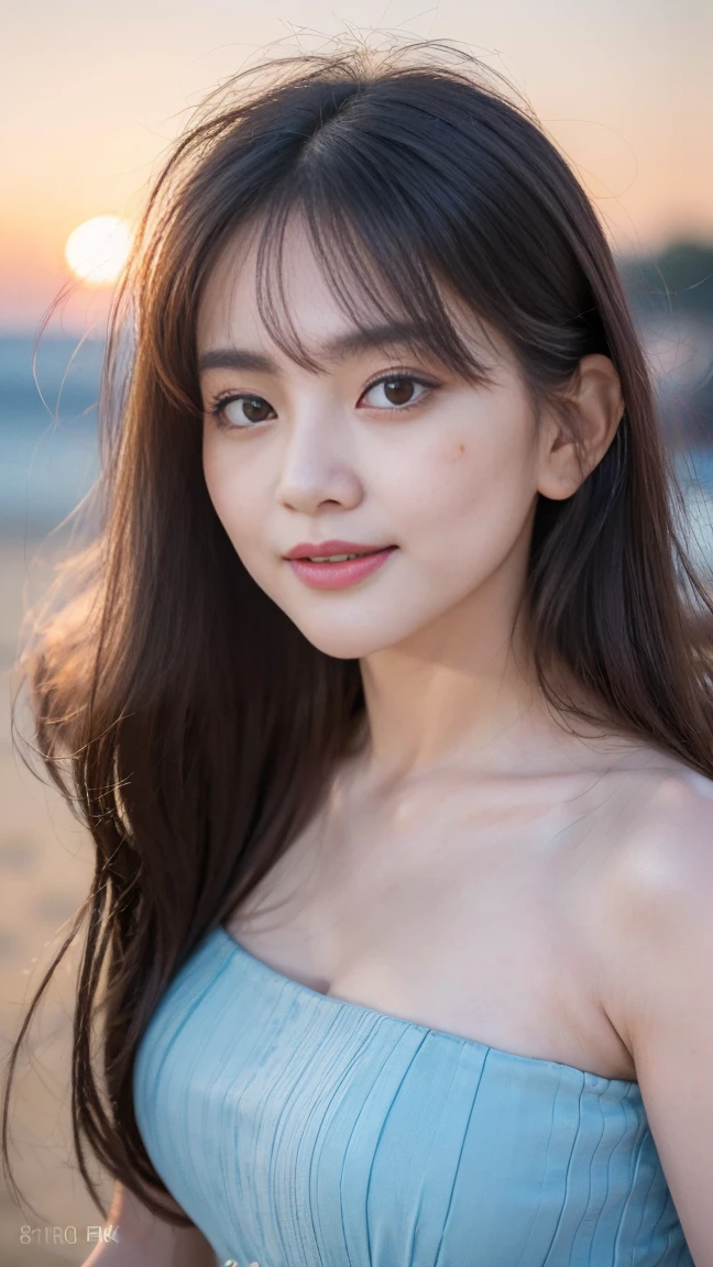(1 cute Korean star), ((best quality, 8k, masterpiece: 1.3)), focus: 1.2, perfect body beauty: 1.4 , ((air bangs: 1.2)), (night, street:1.3), highly detailed face and skin texture, fine eyes, double eyelids, whitened skin, (long hair: 1.3), (round face: 1.5), smile in a slip little blue dress, on the beach