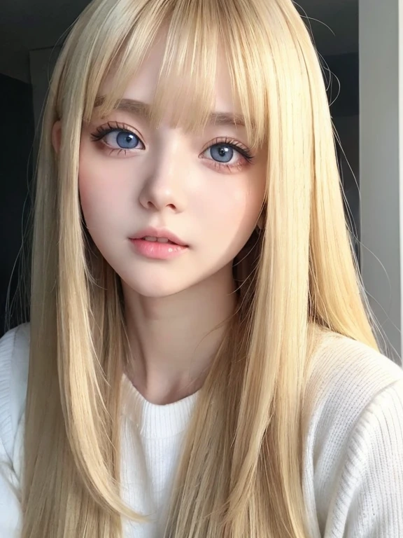 very beautiful face、Ridiculously super long silky bright beautiful blonde hair、super long super long straight silky hair、long bangs、14 year old cute sexy 、Very beautiful bright sky blue big eyes、very big eyes、目とblonde between the eyes、blonde hair above one eye、blonde between the eyes、very big eyes、rich bust、white skin、Shiny skin、gross face、cheek gloss highlight、eyeliner、small face beauty、round face