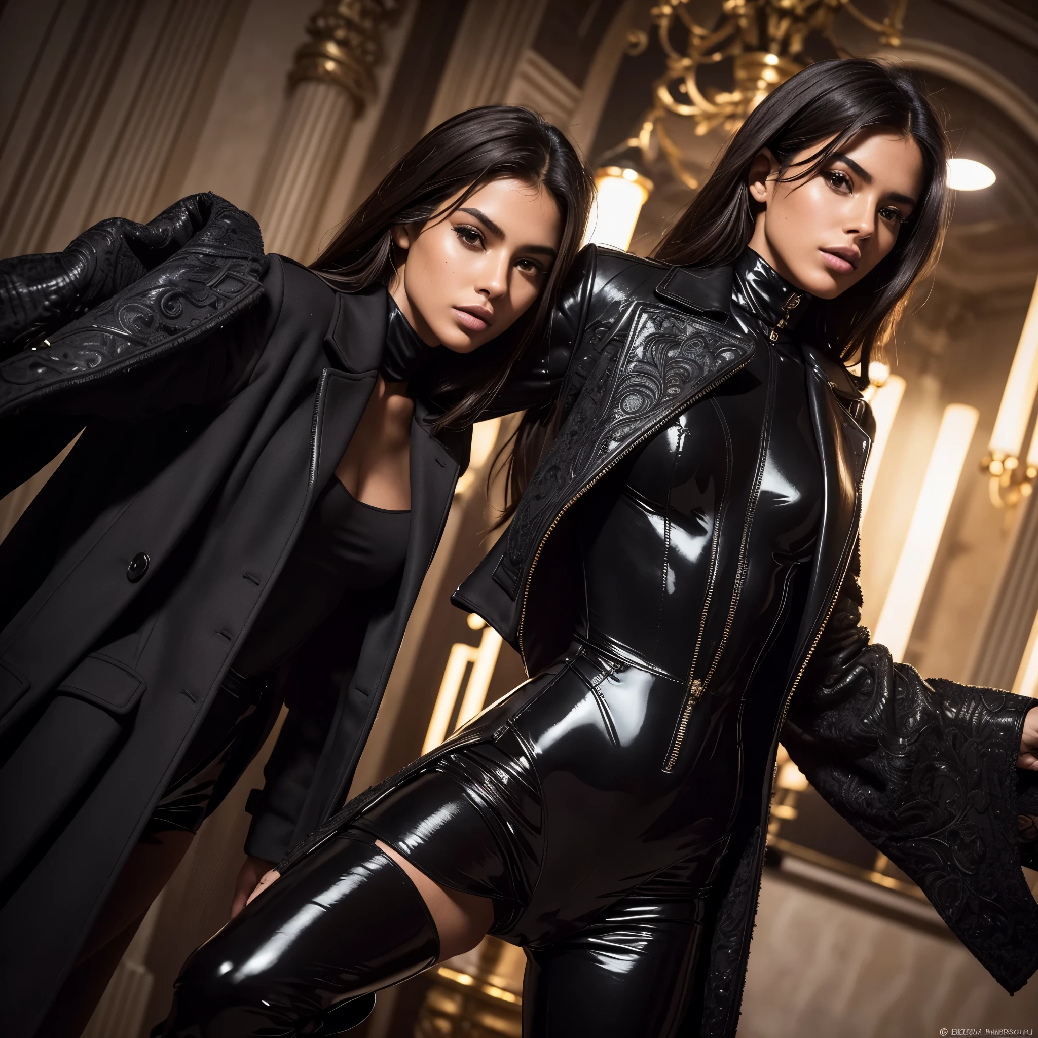 Isabela Merced, 18 year old, detailed hands and fingers, intricate realistic skin, glossy skin, detailed garment texture, ((black coat suit)),(undergarment bodysuits),(high boots with stiletto heels:1.3),luxury atmosphere, decent realistic lighting, High-end DSLR ,(full body shot:1.3), photography for fashion magazine,Instagram trading post, fashion photographyhigh quality,