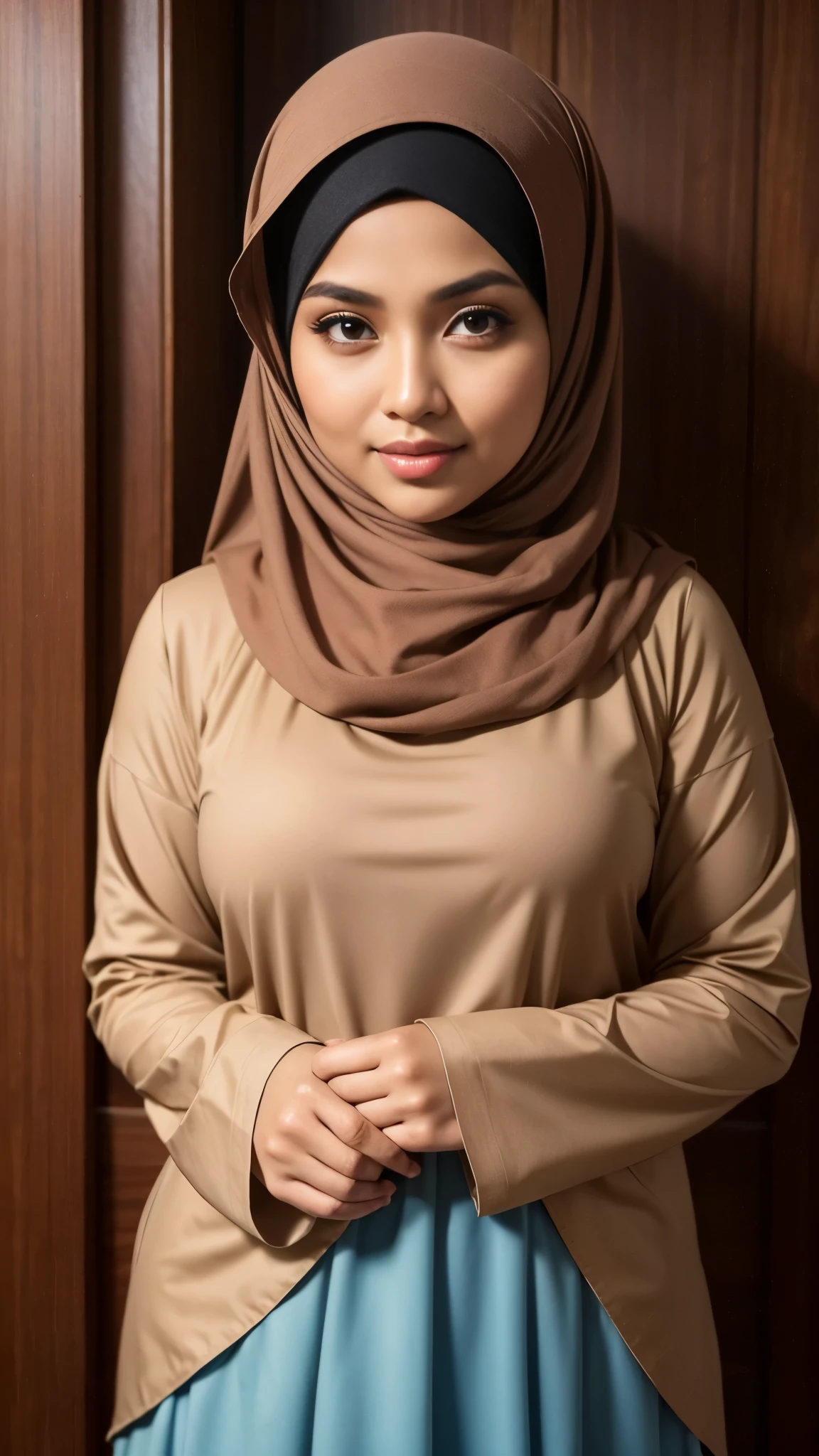 (Close Up),RAW, Best quality, high resolution, masterpiece: 1.3), realistis,beautiful Malay woman in hijab, Masterpiece,perfect fit body, big breasts, big eyes, beautiful face, Soft smile, thick thighs, Muslim woman in a light brown dress standing against a blue wall, simple dress, at instagram,, dress, instagram post, instagram, instagram picture hijab, wearing a fisher 🧥, brown clothes, full body picture, tumblr, black and brown, beautiful masterpieces, extraordinary lighting, bright colors, clean lines