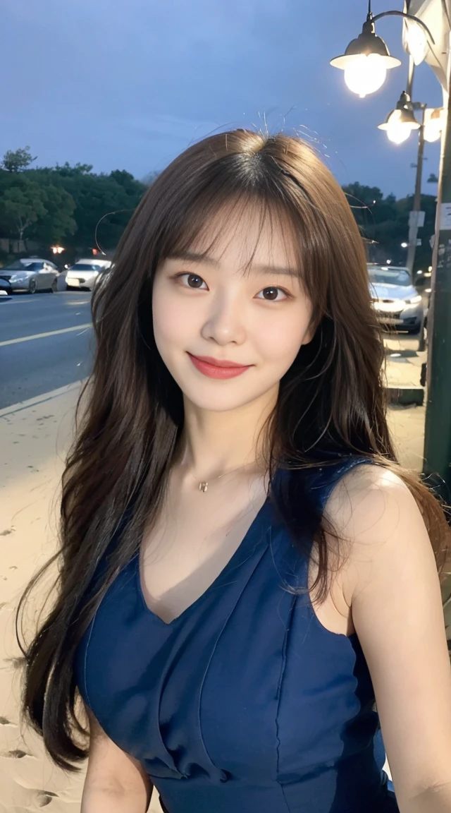 (1 cute Korean star), ((best quality, 8k, masterpiece: 1.3)), focus: 1.2, perfect body beauty: 1.4 , ((air bangs: 1.2)), (night, street:1.3), highly detailed face and skin texture, fine eyes, double eyelids, whitened skin, (long hair: 1.3), (round face: 1.5), smile in a slip little blue dress, on the beach
