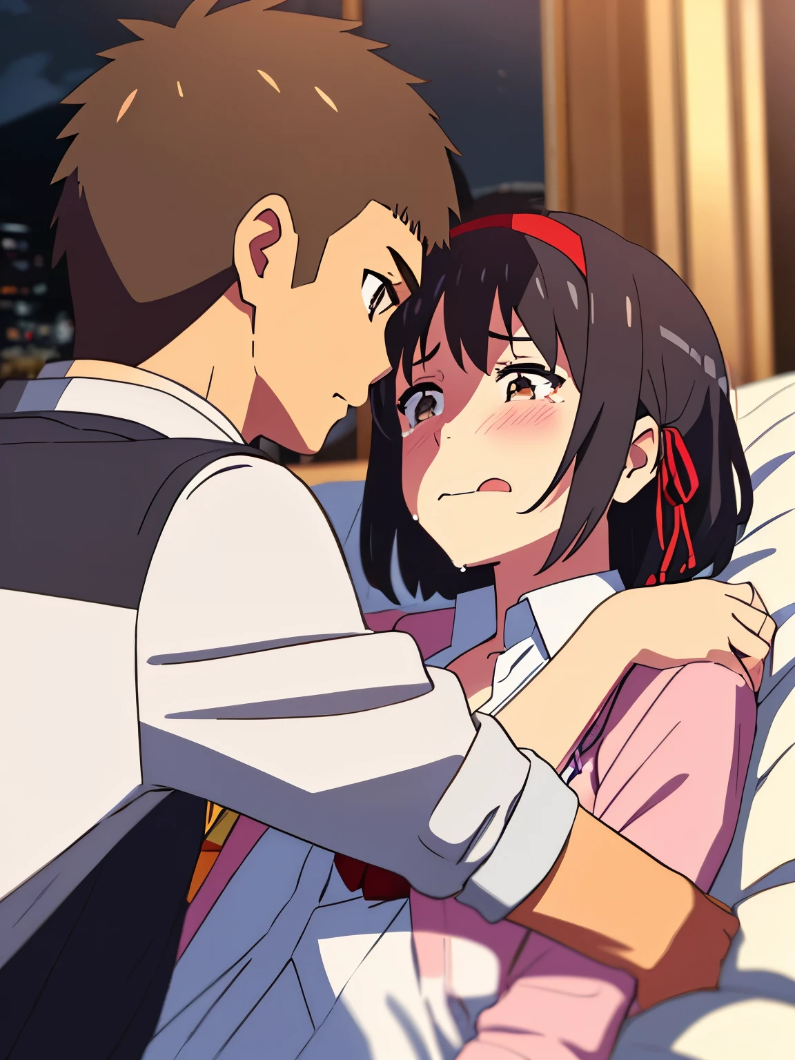 shinkai makoto, kimi no na wa., 1boy, buzzcut, white long sleeve school uniform, face to face, boy holding girl's shoulders, kiss attempt, cheek licking cheek, 1girl, mitsuha miyamizu, open eyes, tears eyes, black hair, red ribbon, red headband, short hair, blush, brown eyes, collared shirt, red bow, yellow vest ubuttoned, white long sleeve unbuttoed, open shirt, light pink bra, medium breast, indoors, night, passionate hug, lie on bed