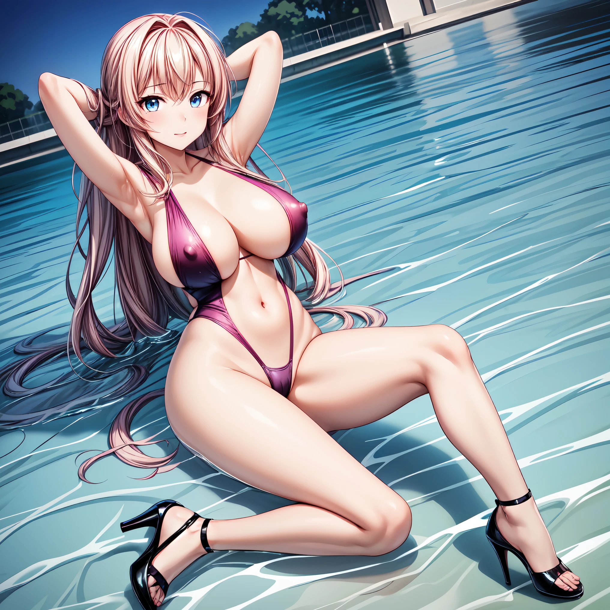 masterpiece, highest quality,beautiful eyes, beautiful hair, beautiful face, beautiful skin, solo, 1 girl, highleg, erect nipples, high heels, anime girl, full body, shiny skin, curvy, beautiful breasts, slingshot swim suit, bare legs, チョーカー, arms behind head