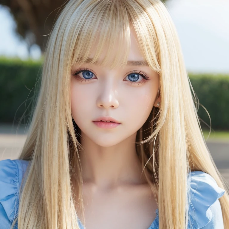 very beautiful face、Ridiculously super long silky bright beautiful blonde hair、super long super long straight silky hair、long bangs、14 year old cute sexy 、Very beautiful bright sky blue big eyes、very big eyes、目とblonde between the eyes、blonde hair above one eye、blonde between the eyes、very big eyes、rich bust、white skin、Shiny skin、gross face、cheek gloss highlight、eyeliner、small face beauty、round face