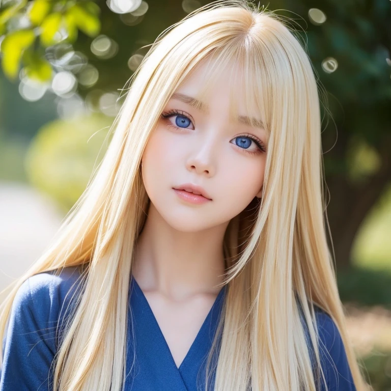 very beautiful face、Ridiculously super long silky bright beautiful blonde hair、super long super long straight silky hair、long bangs、14 year old cute sexy 、Very beautiful bright sky blue big eyes、very big eyes、目とblonde between the eyes、blonde hair above one eye、blonde between the eyes、very big eyes、rich bust、white skin、Shiny skin、gross face、cheek gloss highlight、eyeliner、small face beauty、round face