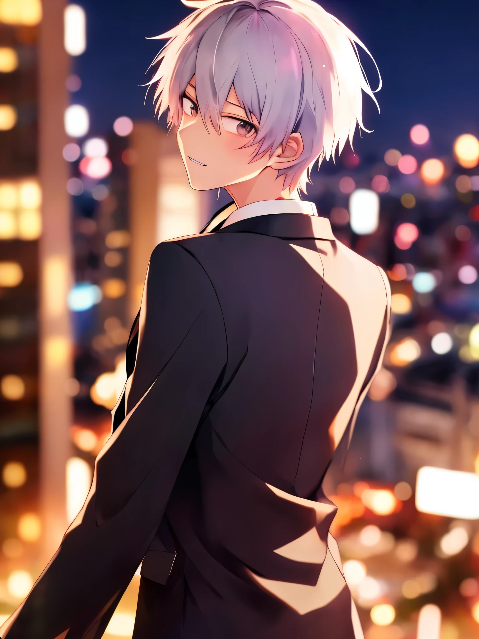 ((masterpiece)), back view of anime guy in suit, Night background, background blur effect, a computer rendering inspired by Okumura Togyu, pixiv, computer art, anime handsome man, handsome anime pose, official art, in an anime style, as an anime character, young anime man, visual novel sprite