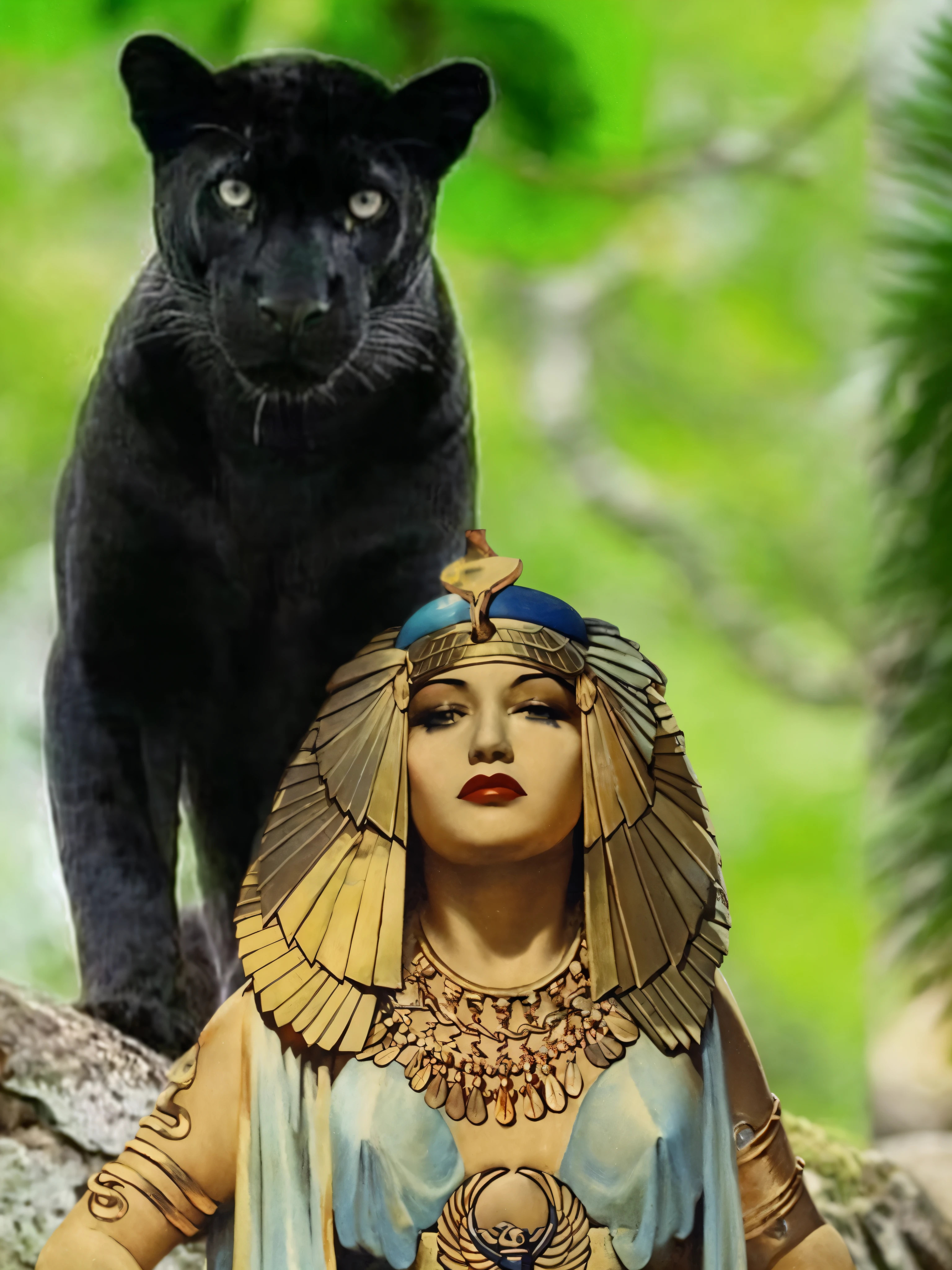 a close-up of a statue of a woman and a black panther, egipcian cat goddess, aposta, pagan goddess, a leoa negra lisa, deusa antiga, the egipcian god, Rainha da Selva, kemetic, beautiful cleopatra, egipcian mythology, egipcian princess, Deusa Inanna, hecate goddess, egipcian, session, kemetic symbolism
