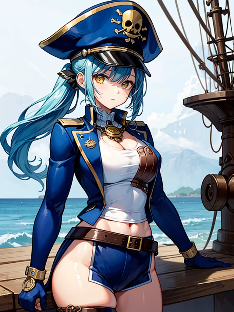 (((masterpiece、Highest image quality、highest quality、highly detailed unity 8kwallpaper)))、((Illustration of one girl、upper body))、(((beautiful girl)))、(female pirate)、(Light light blue hair、short ponytail:1.2、yellow eyes)、(((Right hand is a prosthetic hand、steampunk prosthetic arm)))、((tall))、(((muscle girl, muscle, bulky figure, massive frame, thick neck, sturdy arms, powerful legs)))、(captain's suit、Pirate hat、Blue coat)、Pirate ship deck